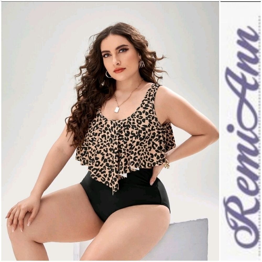 Plus Leopard Exaggerated Ruffle Bikini Swimsuit